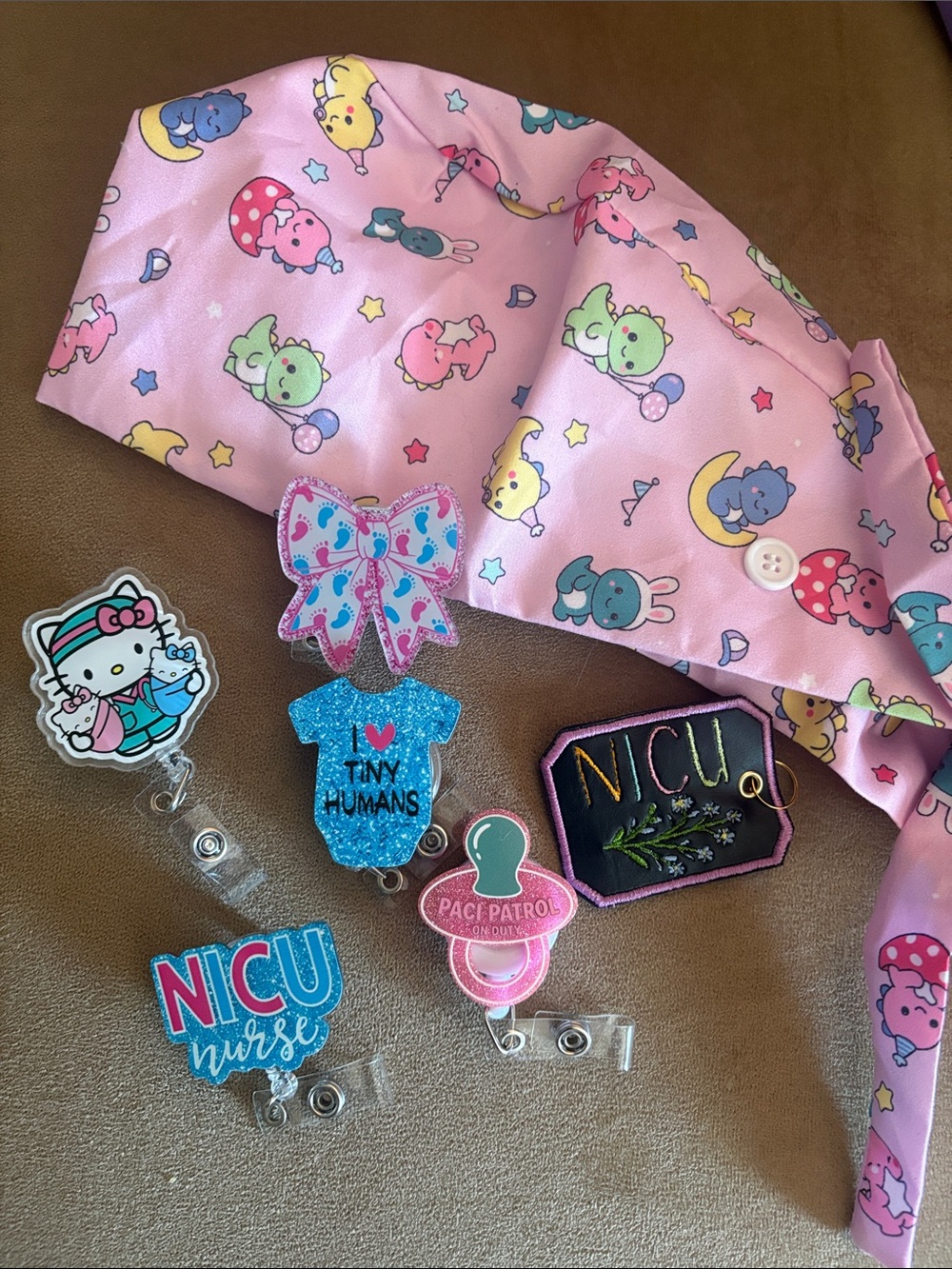 NURSE- Pink NICU Scrub Cap with Cute Animal Print & Badge reel lot